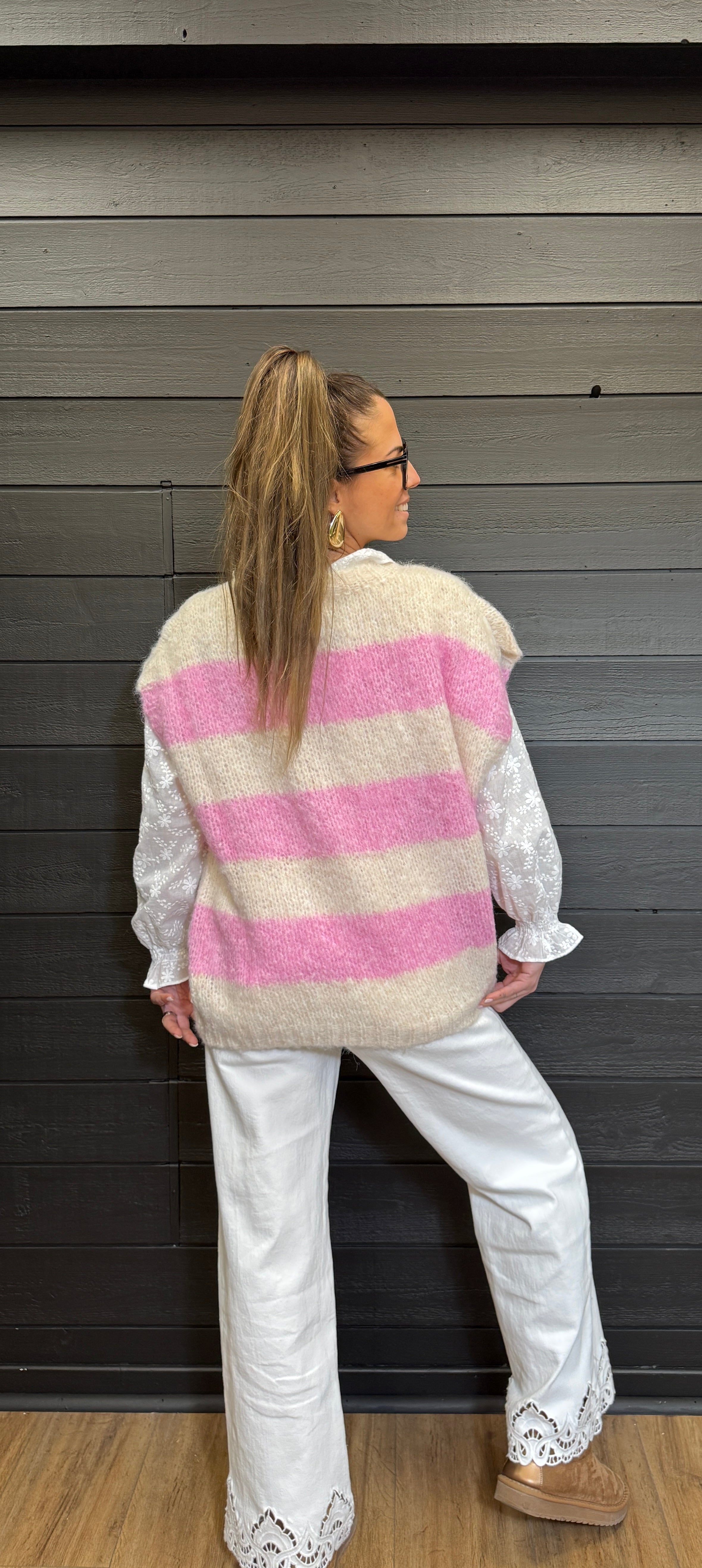 Pull sans manches rayé rose et beige – maille douce Le Vestiaire de Charline