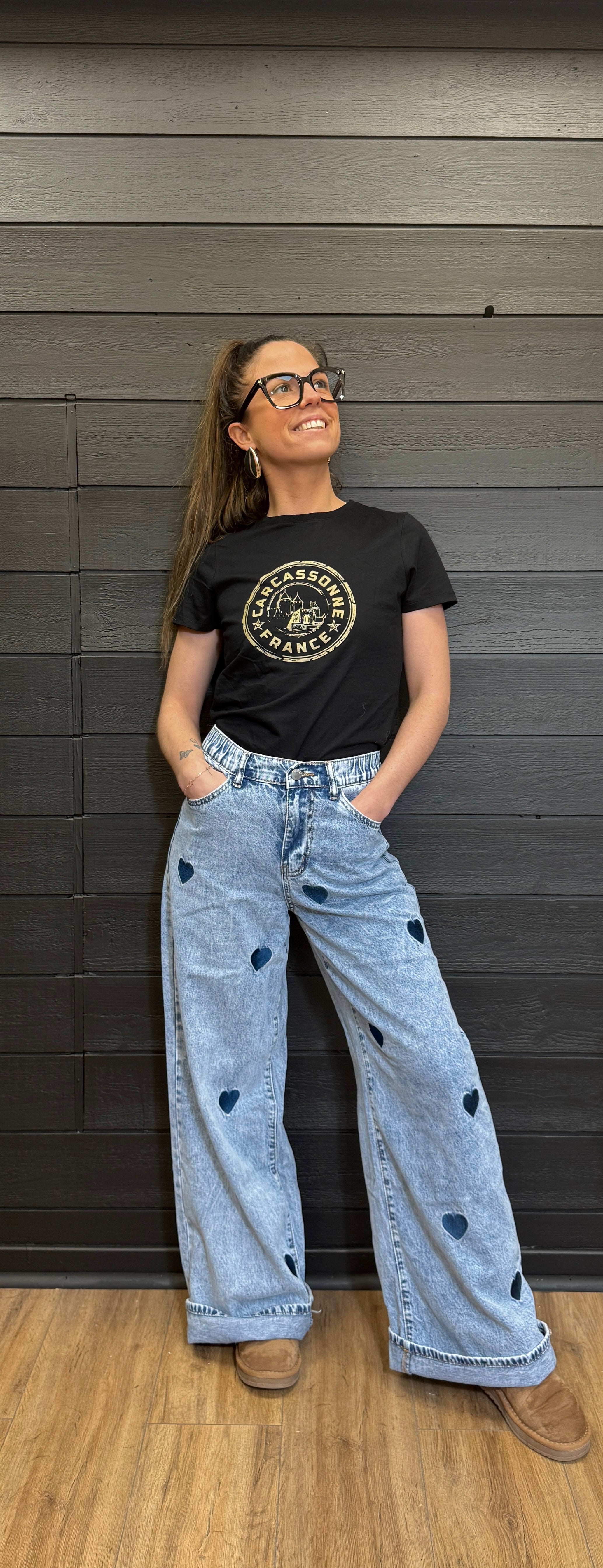 Jean large denim détails cœurs Le Vestiaire de Charline