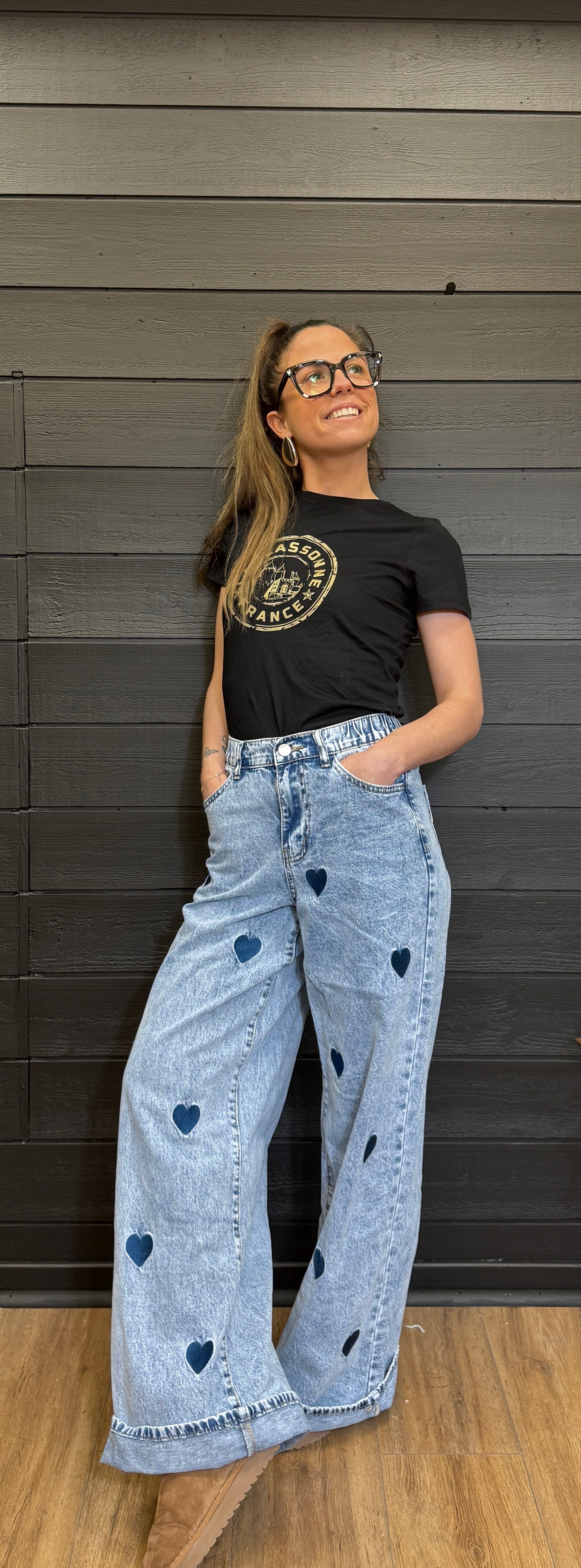 Jean large denim détails cœurs Le Vestiaire de Charline