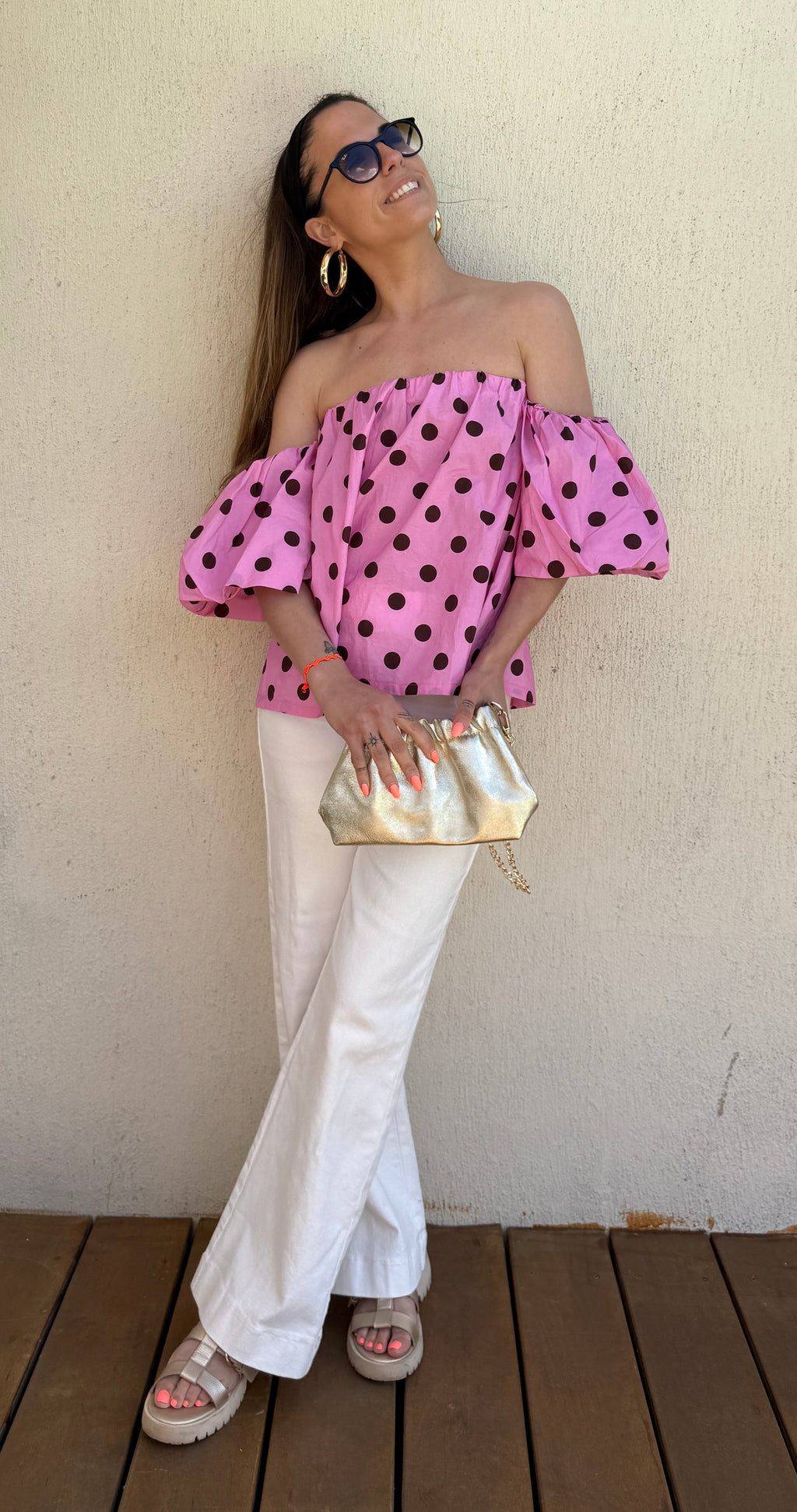 Top à pois rose et chocolat femme – Top épaules dénudées bohème chic Le Vestiaire de Charline