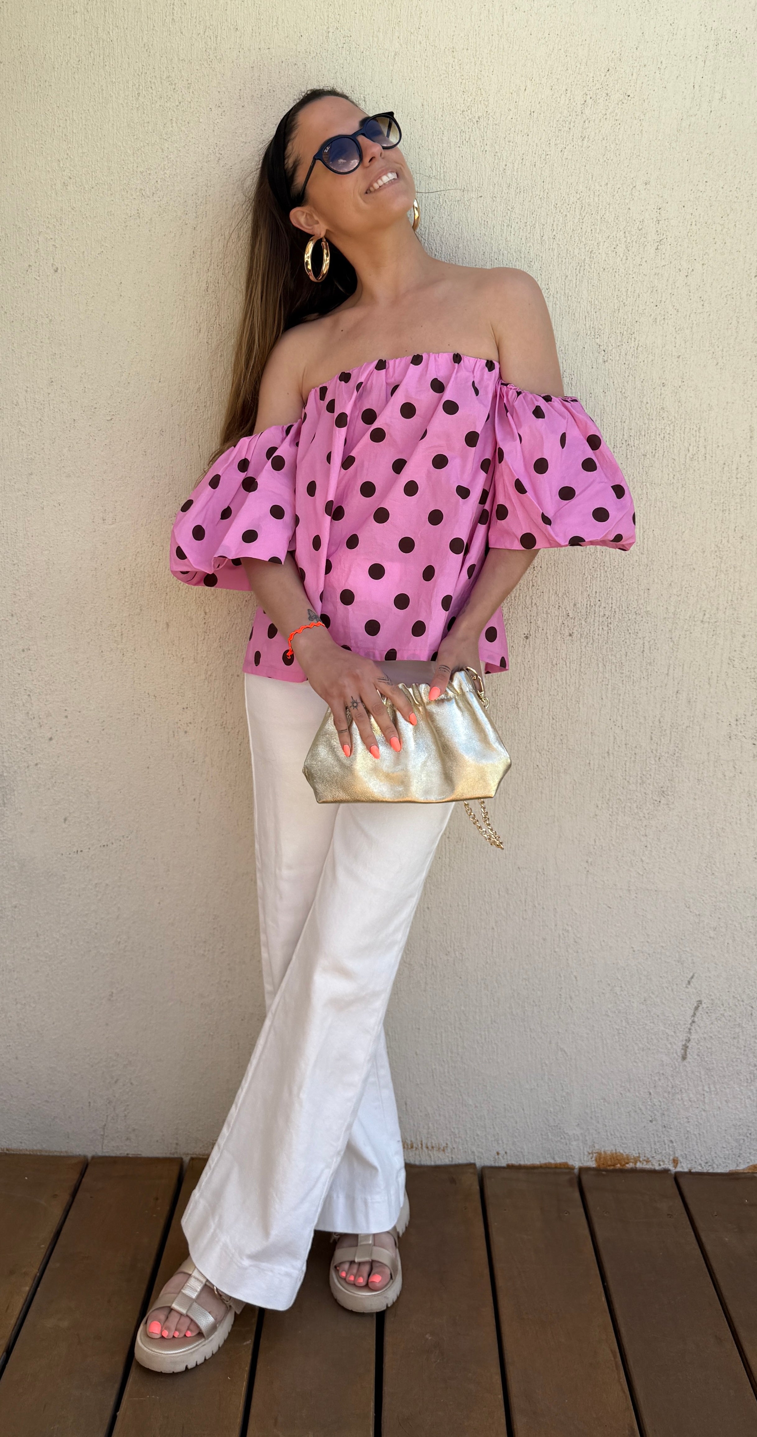 Top à pois rose et chocolat femme – Top épaules dénudées bohème chic Le Vestiaire de Charline