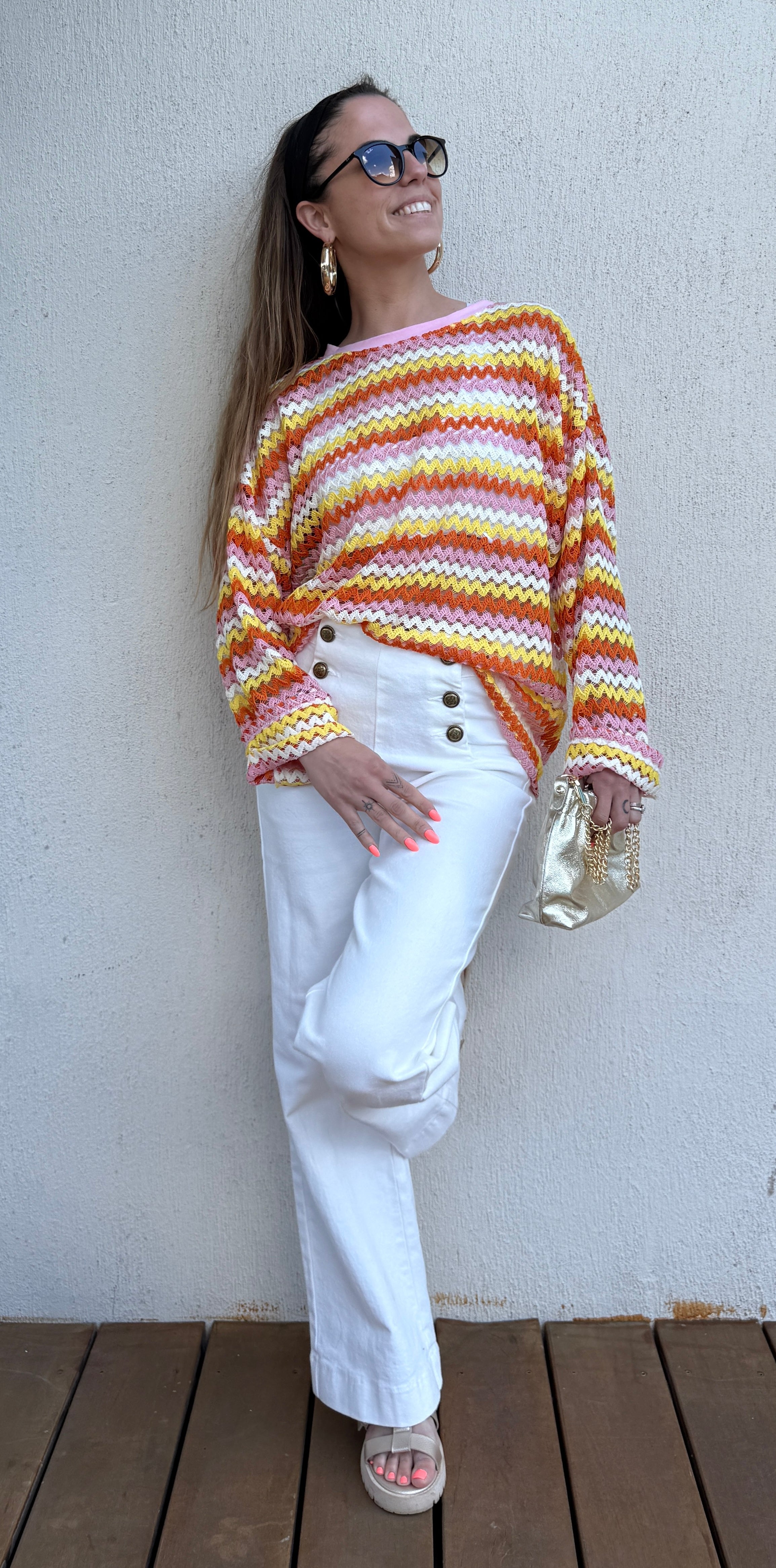 Pull crochet multicolore femme – Top maille ajourée bohème chic Le Vestiaire de Charline