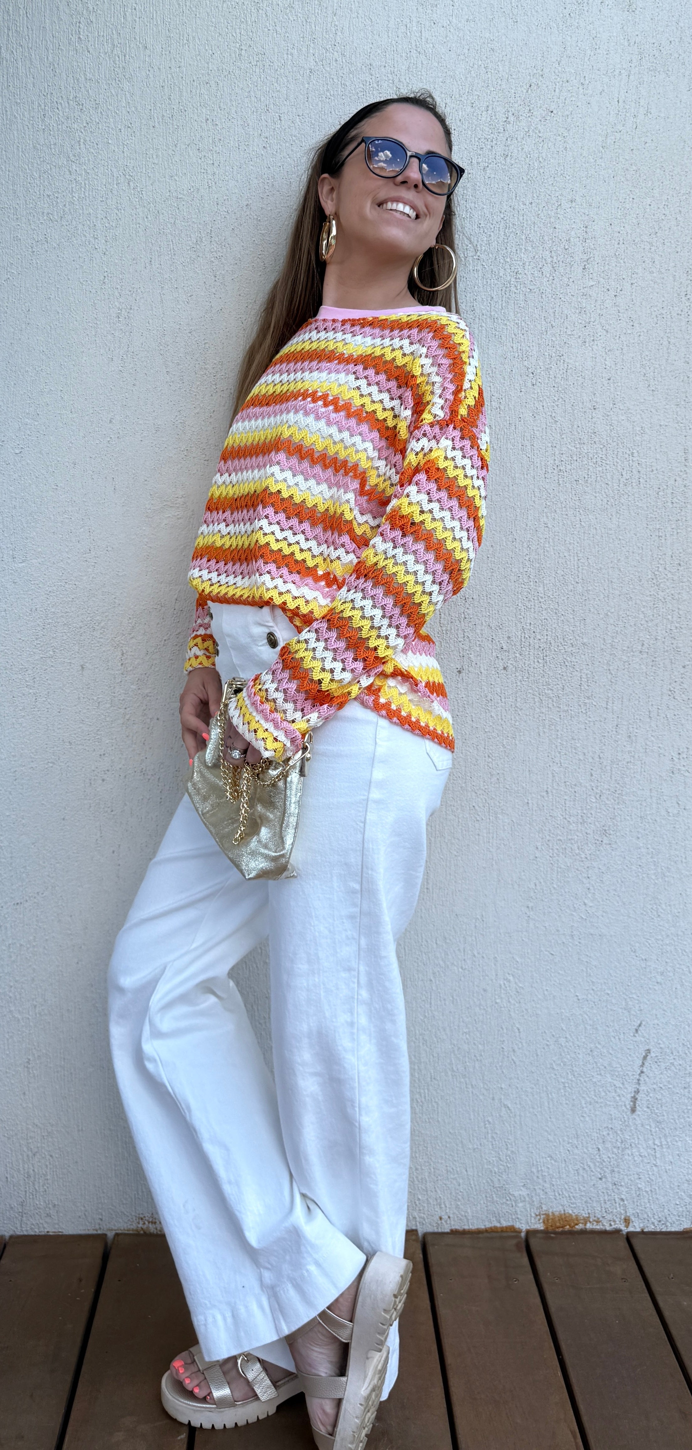 Pull crochet multicolore femme – Top maille ajourée bohème chic Le Vestiaire de Charline
