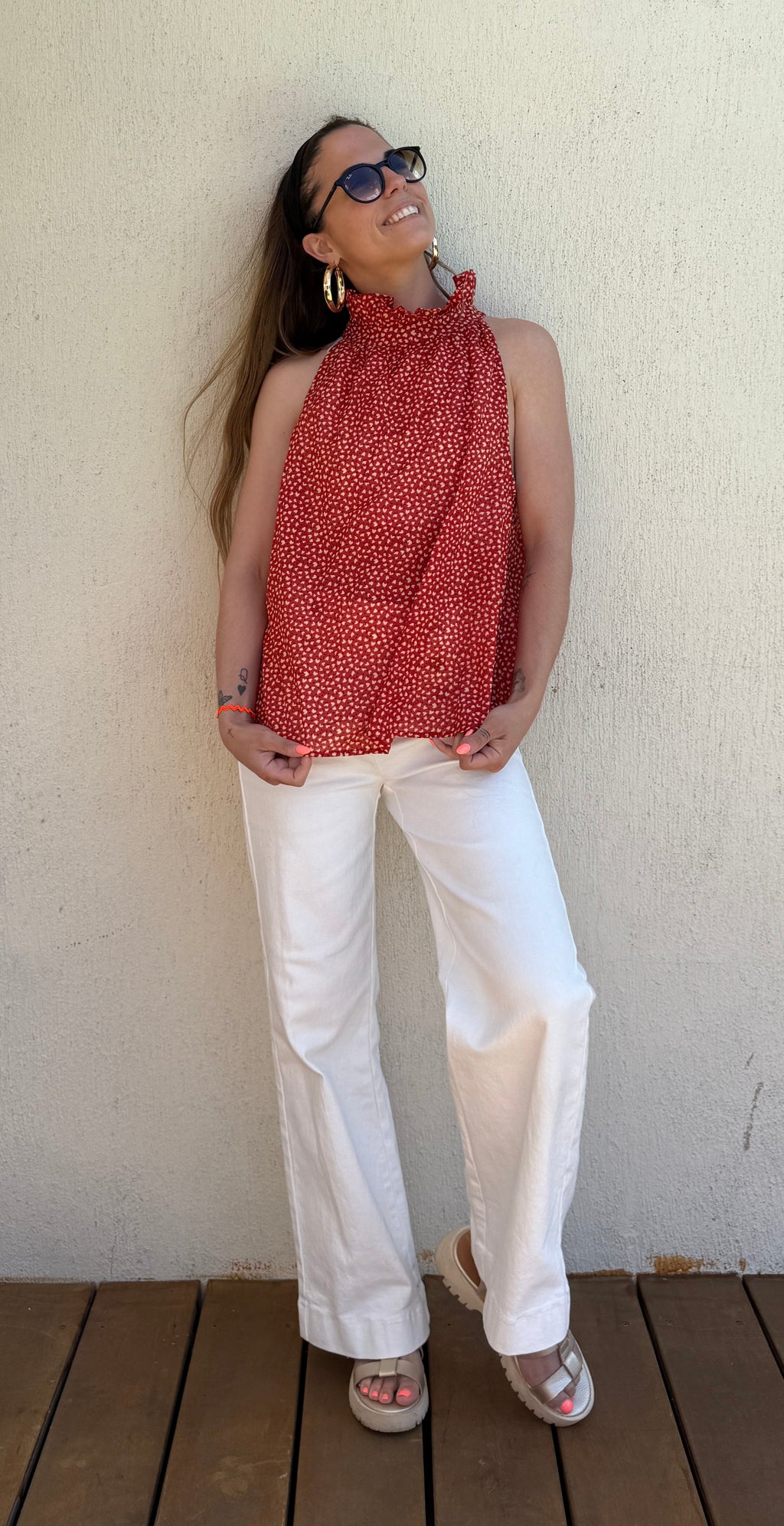Top rouge imprimé cœurs femme – Blouse bohème chic Le Vestiaire de Charline