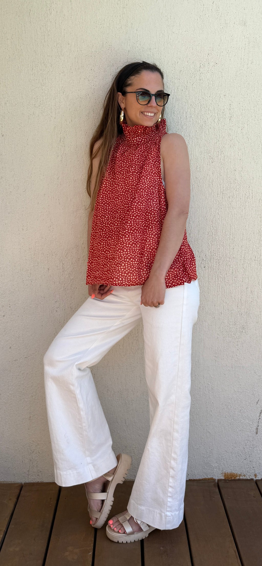 Top rouge imprimé cœurs femme – Blouse bohème chic Le Vestiaire de Charline