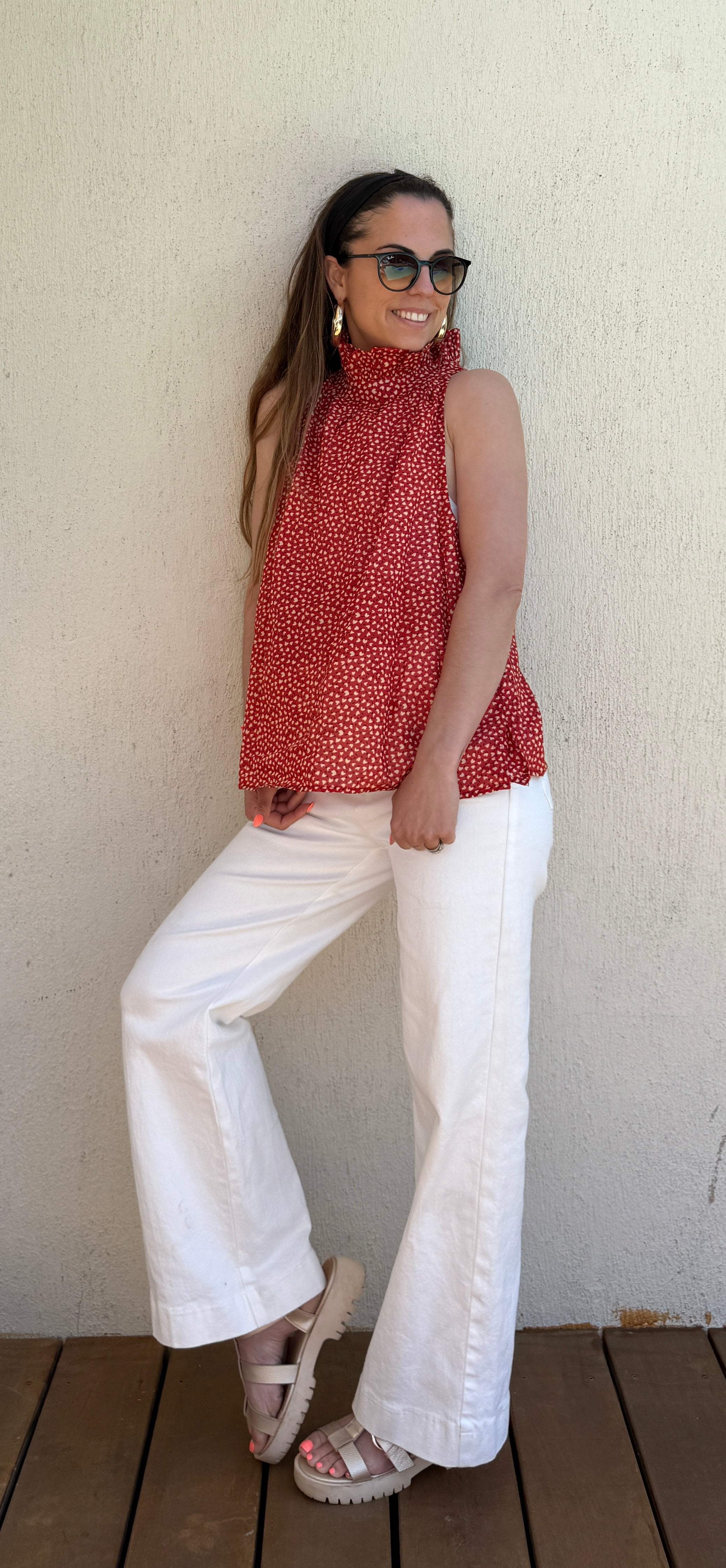 Top rouge imprimé cœurs femme – Blouse bohème chic Le Vestiaire de Charline