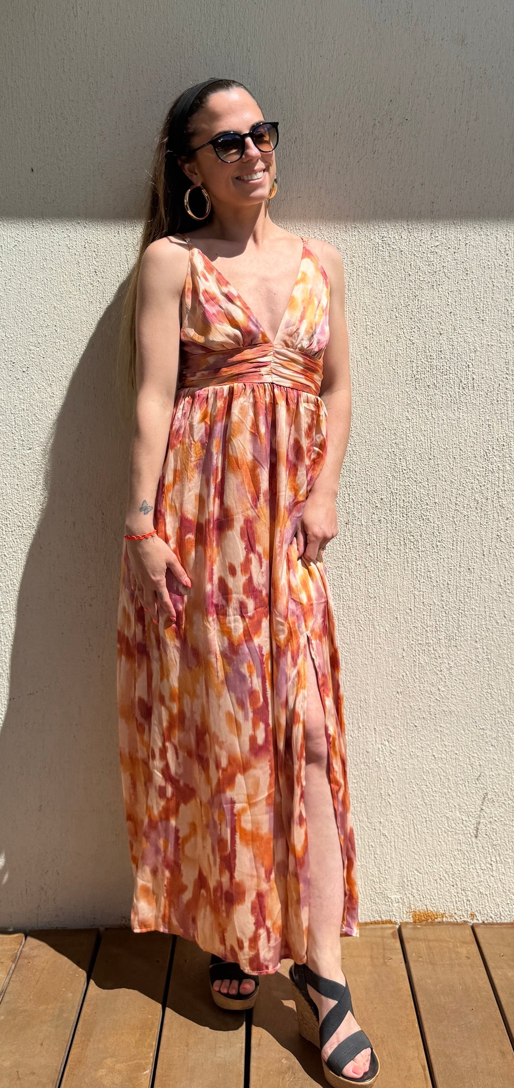Robe longue orange imprimée femme – Robe fluide été bohème Le Vestiaire de Charline