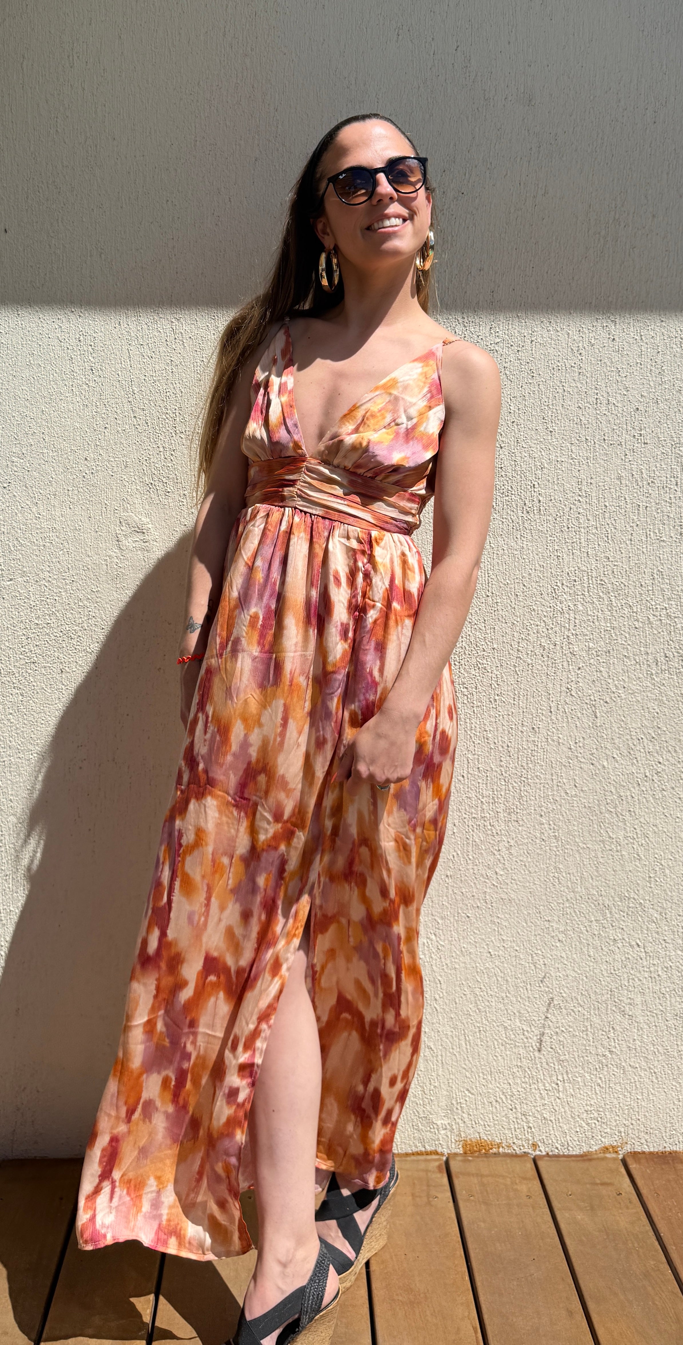 Robe longue orange imprimée femme – Robe fluide été bohème Le Vestiaire de Charline
