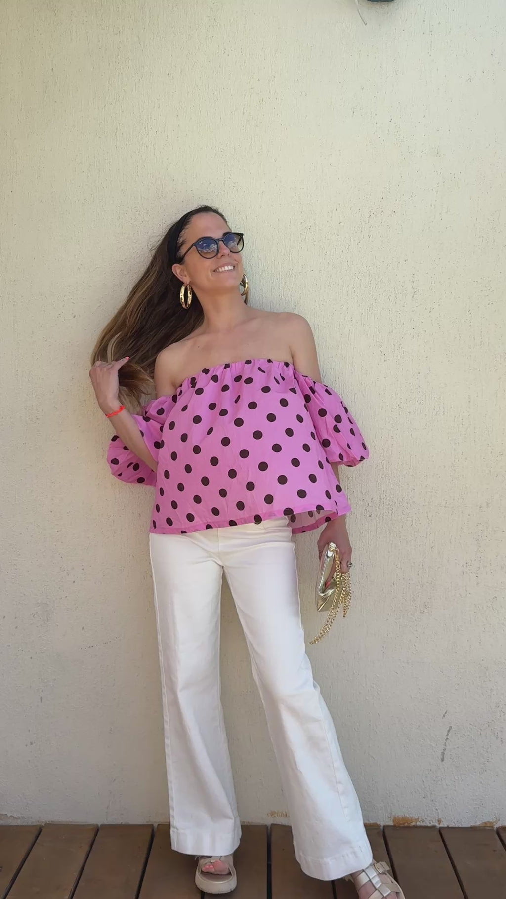 Top à pois rose et chocolat femme – Top épaules dénudées bohème chic