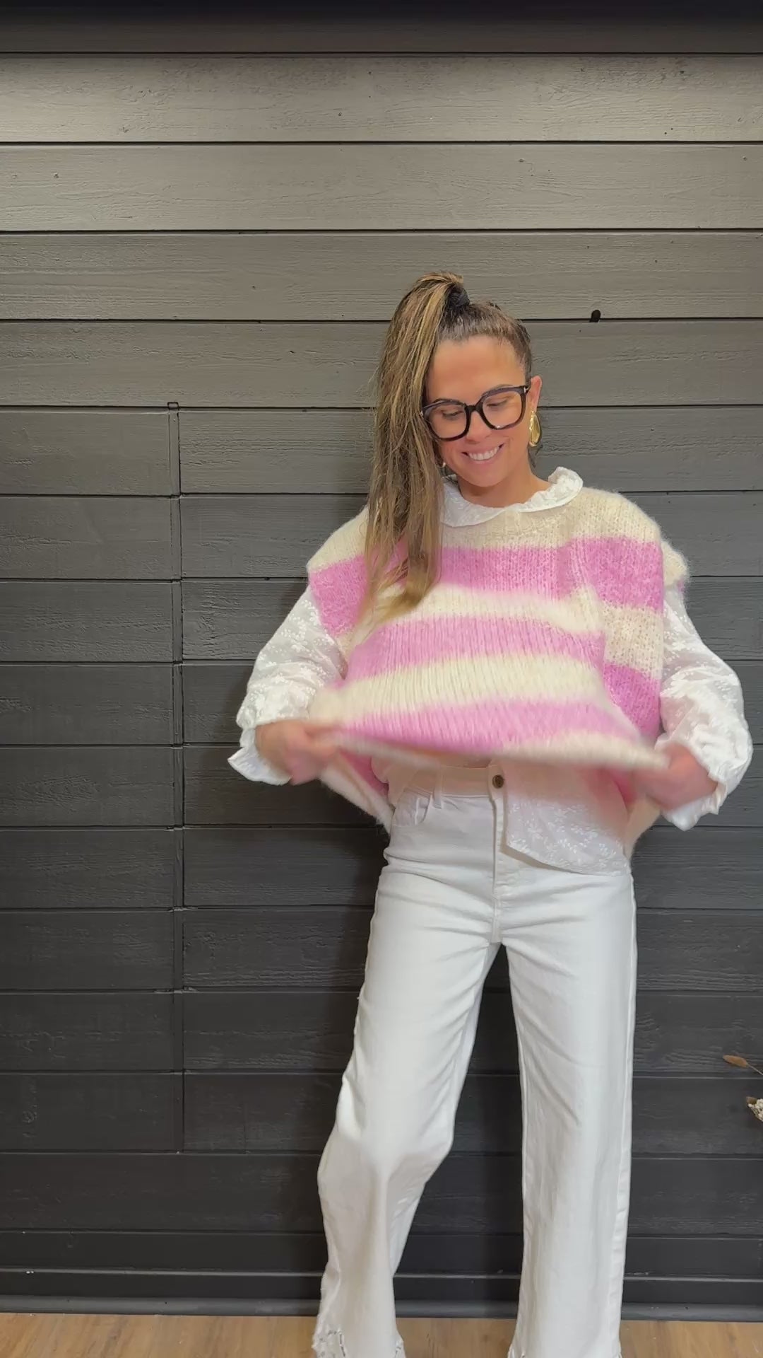 Pull sans manches rayé rose et beige – maille douce