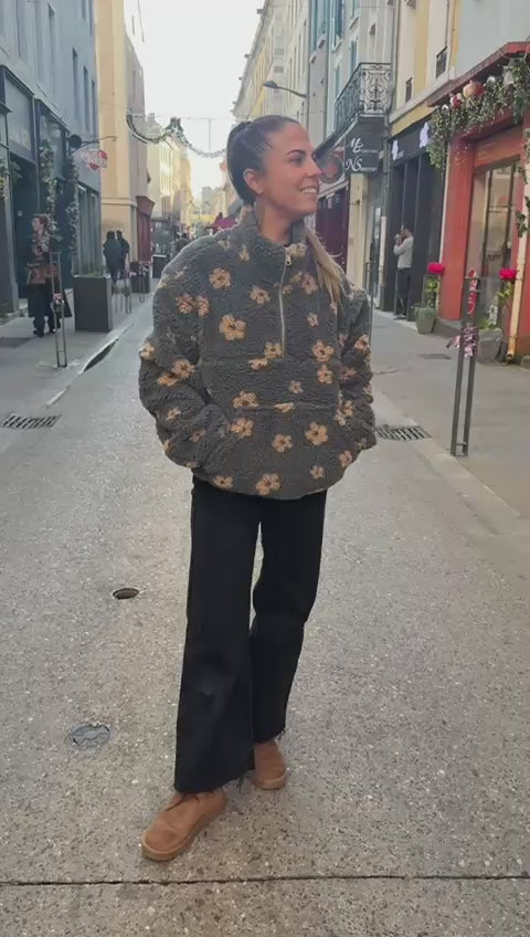 Veste Doudou Grise Fleurs Camel – Ultra Douce & Chaude