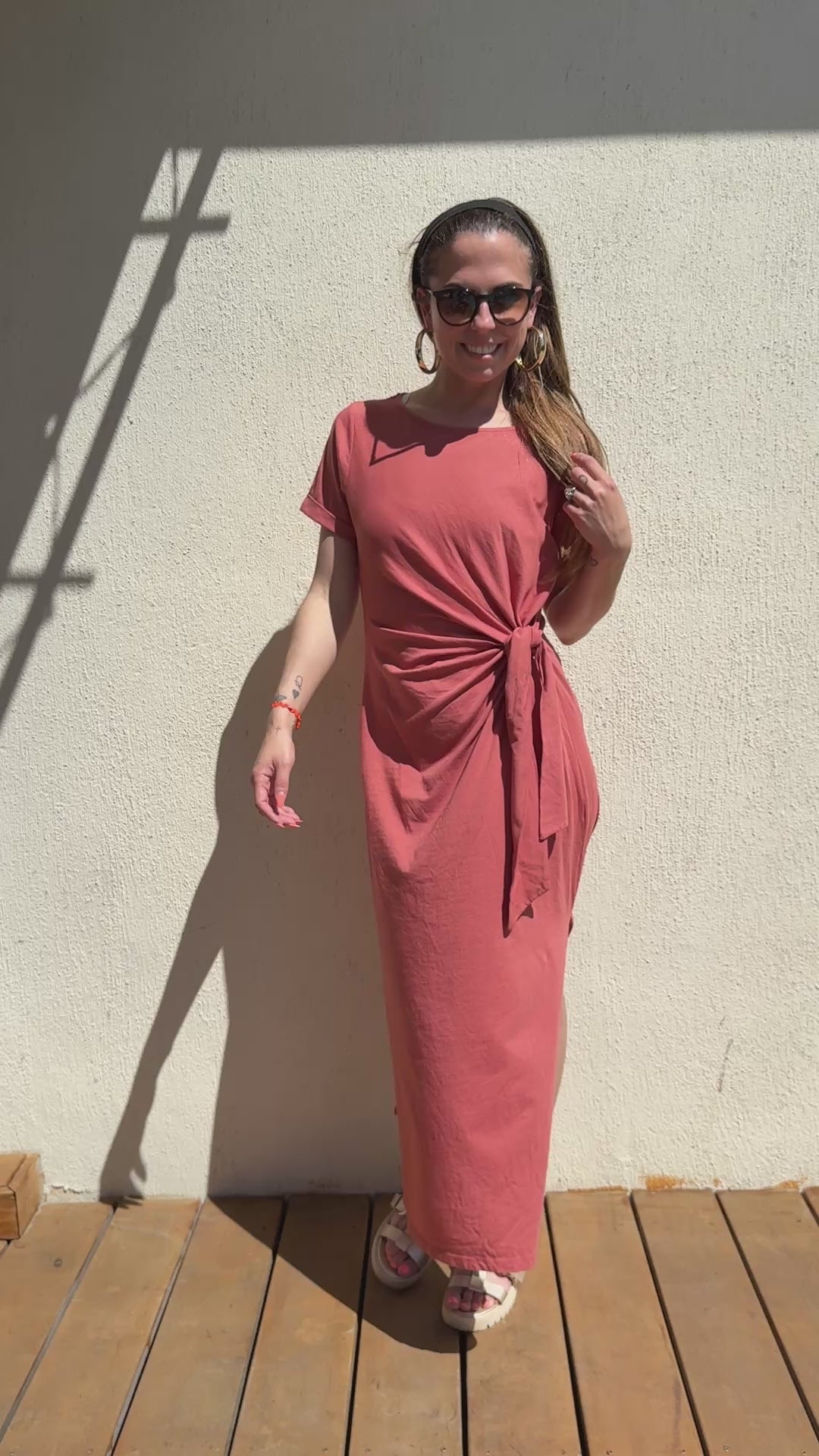 Robe longue terracotta femme – Robe élégante fluide à nouer