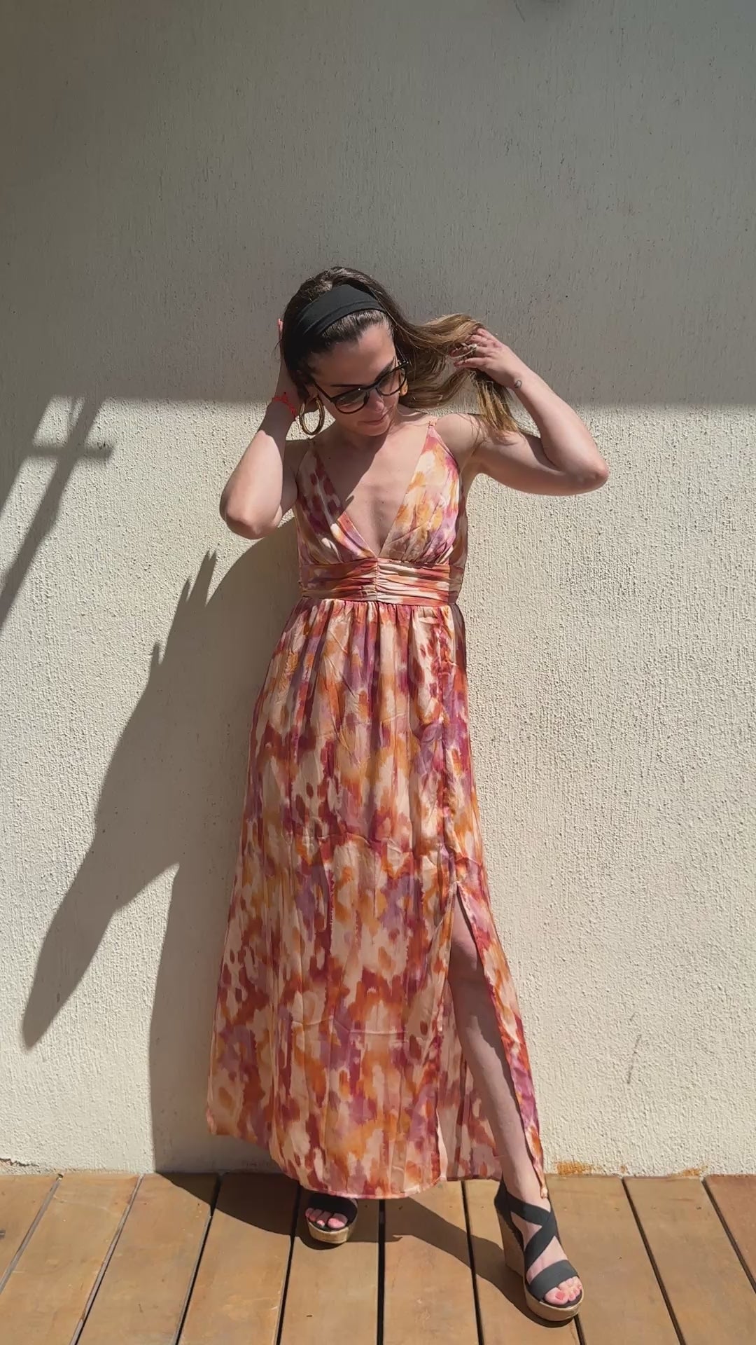 Robe longue orange imprimée femme – Robe fluide été bohème