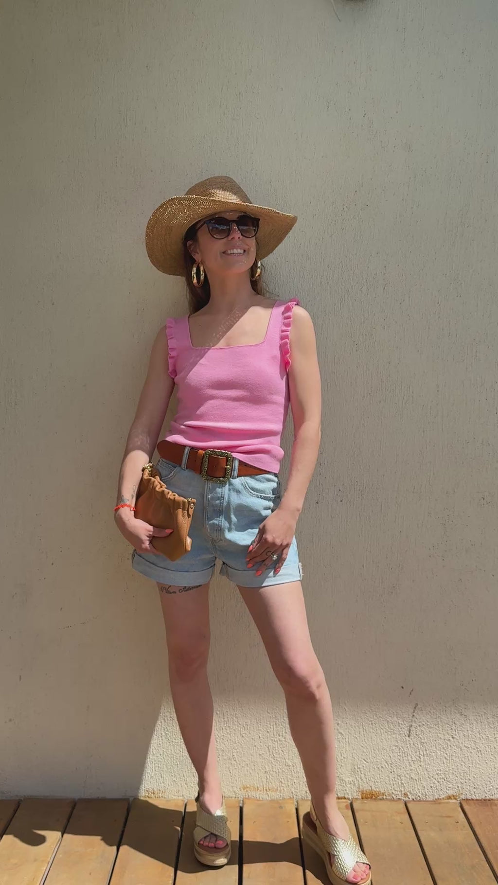 Débardeur rose à volants femme – Top maille fine chic et féminin