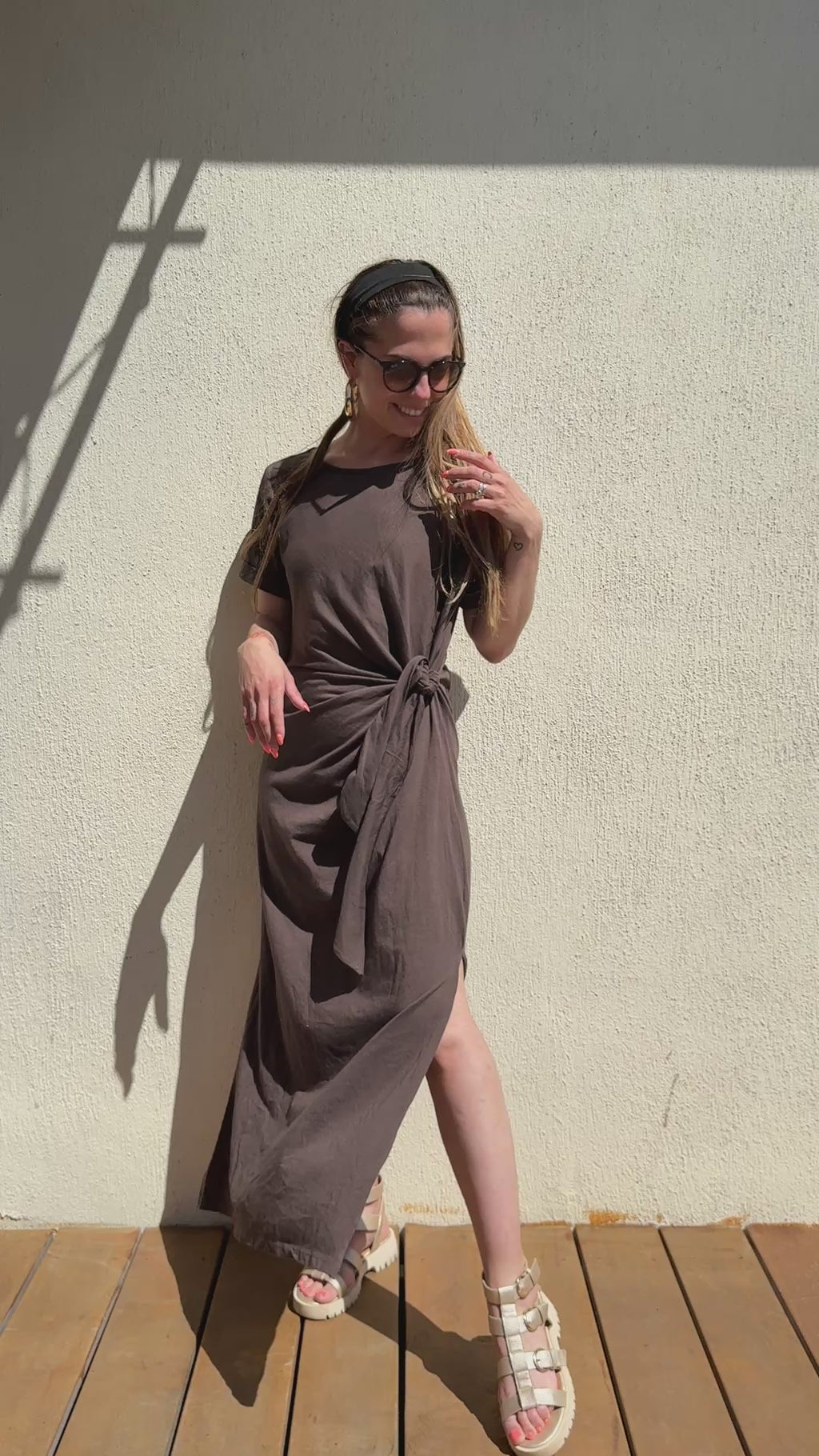 Robe longue chocolat femme – Robe fluide élégante à nouer