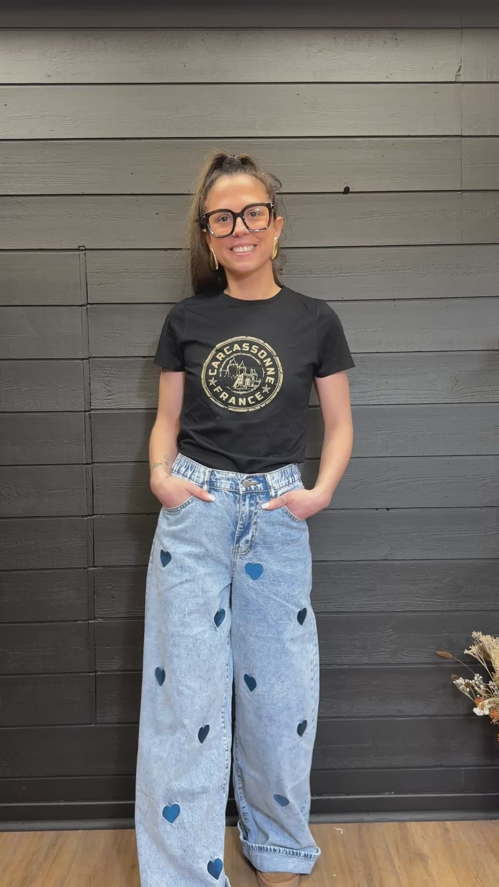 Jean large denim détails cœurs